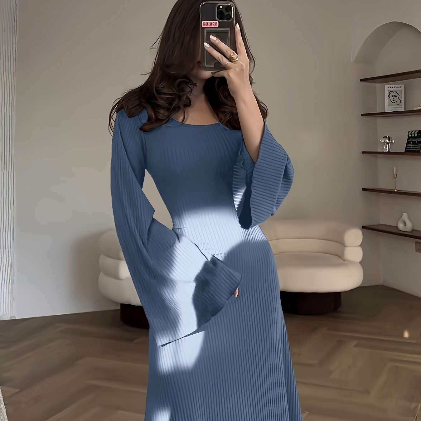 Solid Color Women'S Ribbed Knit Dress with Long Bell Sleeves, Round Neck, And Back Tie.