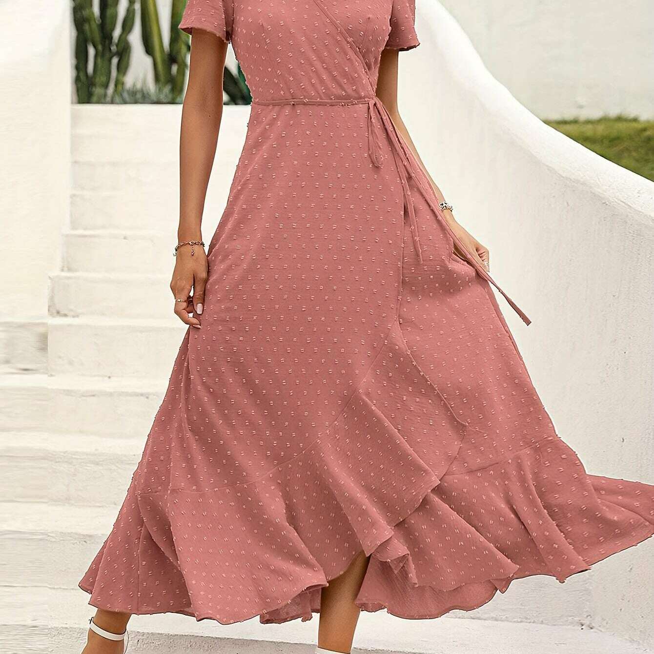 Elegant Women's Swiss Dot Surplice Neck Maxi Dress - D&M Boutique