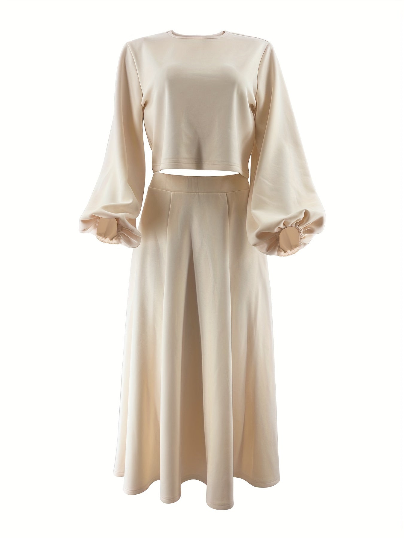 Chic Solid Color Skirt Set - Elegant Crew Neck Lantern Sleeve Top, Flowy Pleated Draped Midi Skirt, Comfortable Women's Clothing for Everyday Wear