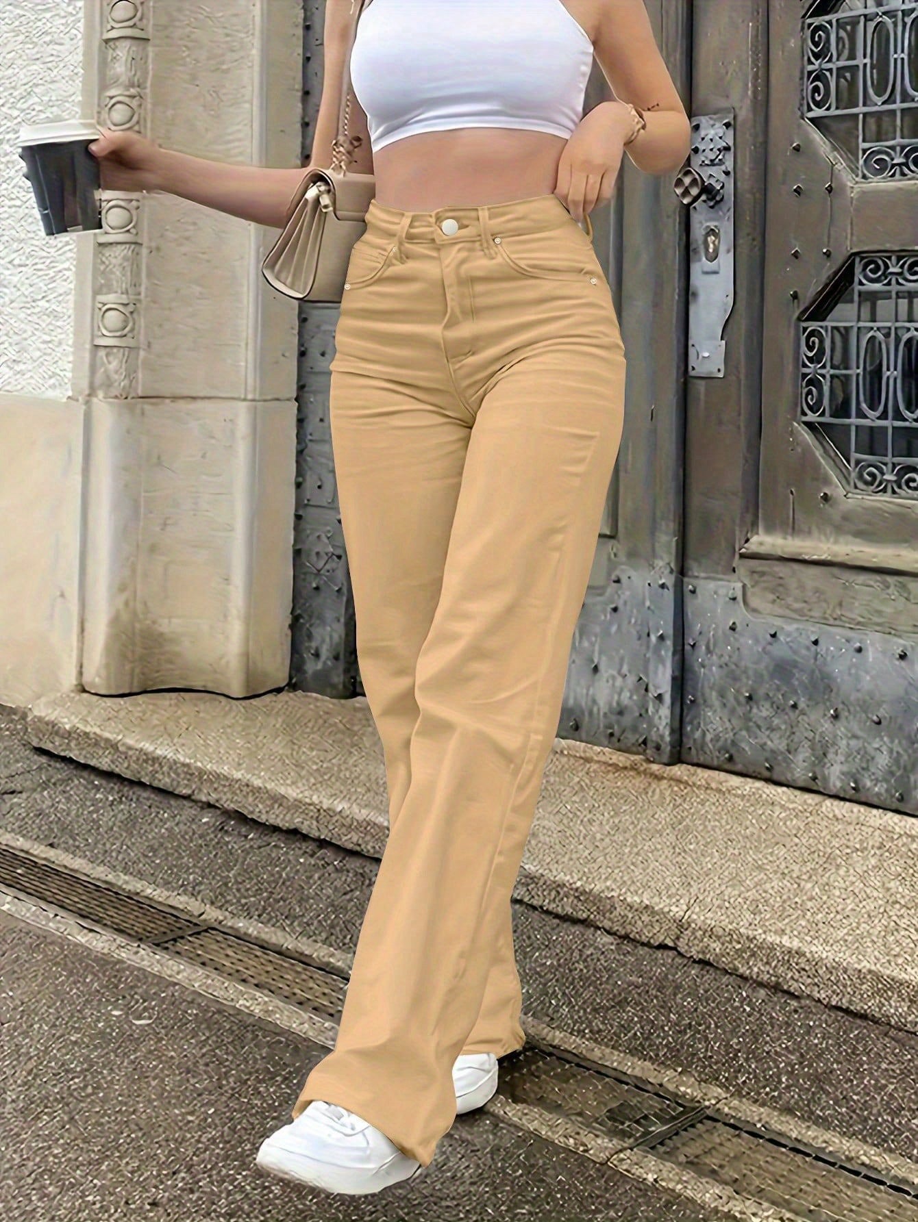 Women'S High-Waisted Straight-Leg Jeans - Stretch Denim with Pockets, Beige, Casual & Workplace Style, Mid-Rise, Flared Design, Perfect for Spring Commuting, High Waisted Jeans