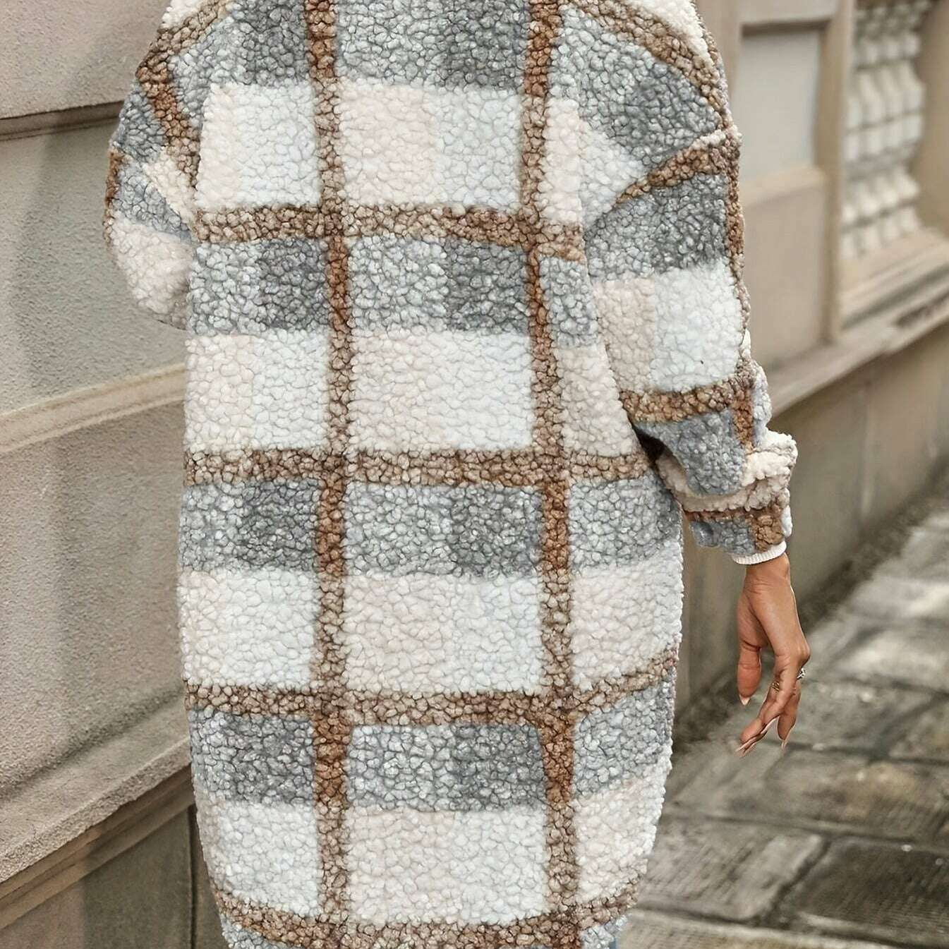 Elegant Plaid Faux Fur Coat for Women with Lapel Collar