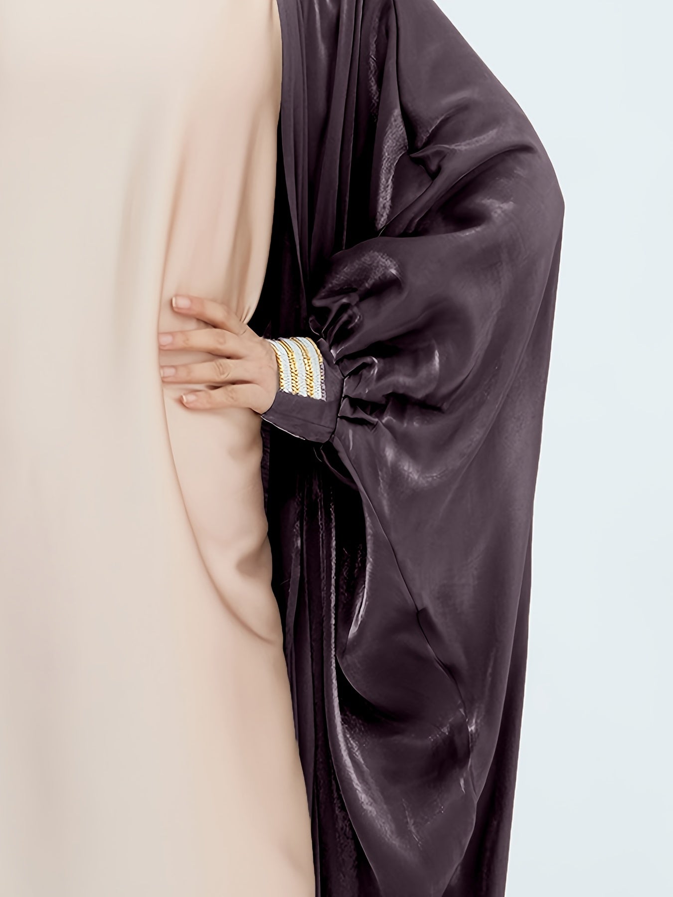 Women'S Reflective Golden & Gray Batwing Sleeve Long Tunic - Long Sleeve, Flowing Design, Perfect for Spring/Summer, Stylish Layering Piece, Summer Fashion | Flowing Tunic | Glossy Finish