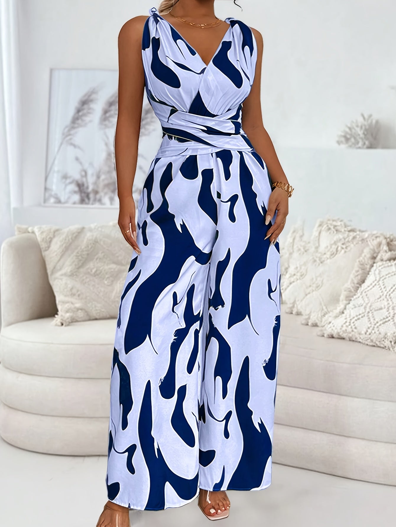 1pc Women'S Fashionable Random Print Backless Jumpsuit