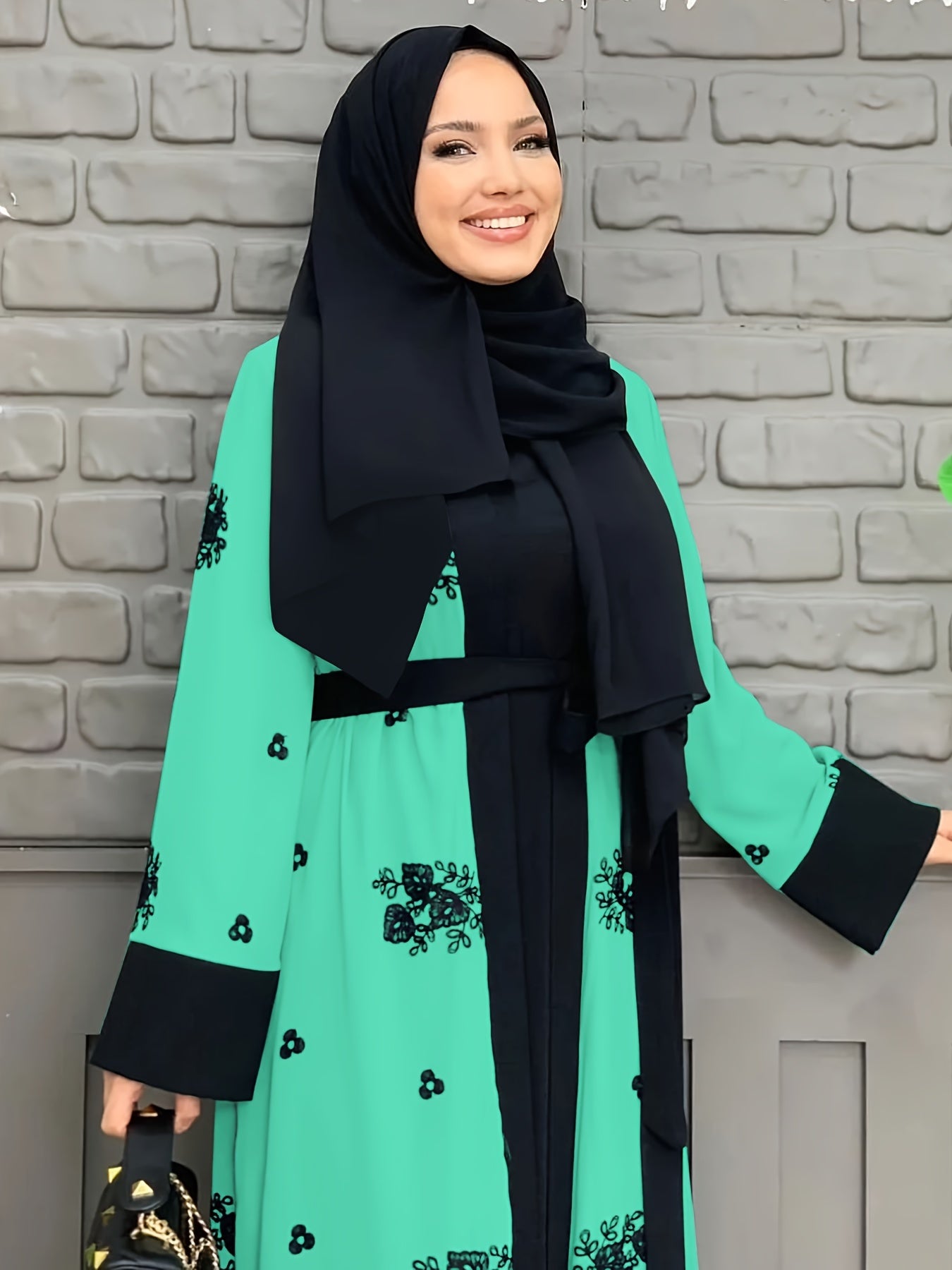 Ramadan Floral Charm - Crew Neck Long Sleeve Kaftan Abaya Dress with Belted Waist - A Stylish Casual Choice for Women, Hijab-Free