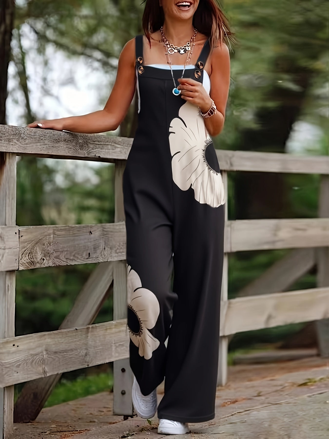 Women's Floral Print Sleeveless Jumpsuit - Thick Strap Ruched Design, Loose Fit Casual Romper with Pockets, H-Silhouette Long Length for Spring Summer Fall, Hand Wash Only, Seasonal Fashion, Flowy Material, Warm Weather Cloth