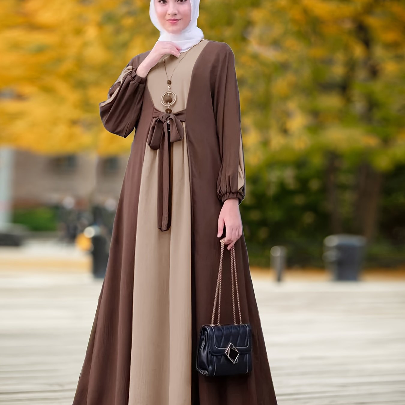 Ramadan Elegant Tie Front Kaftan Dress - Abayas with Long Sleeve, Maxi Length, Color Block Design, Women's Clothing for Special Occasions - Classic, Modest, and Chic Fashion
