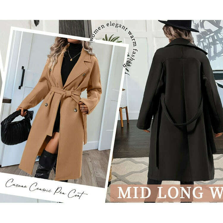 Women's Pea Coat with Lapel Collar and Belted Pockets