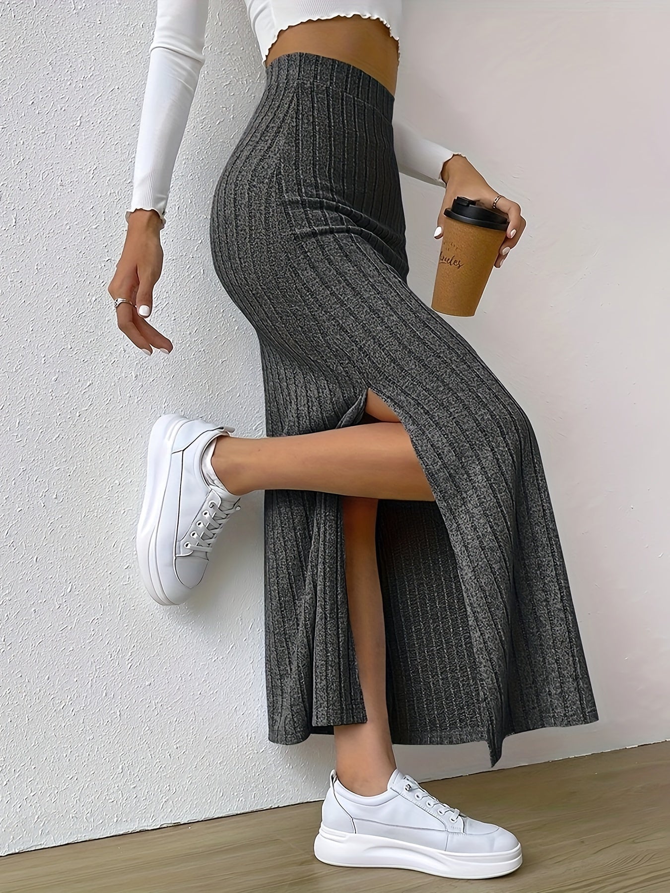 Elegant High-Waisted Ribbed Maxi Skirt with Side Slit - Stretchy Polyester Blend, Solid Color Dark Gray, Long Length for Women’s Fashion, Semiformal Attire | Modern Maxi Skirt | Knitted Fabric