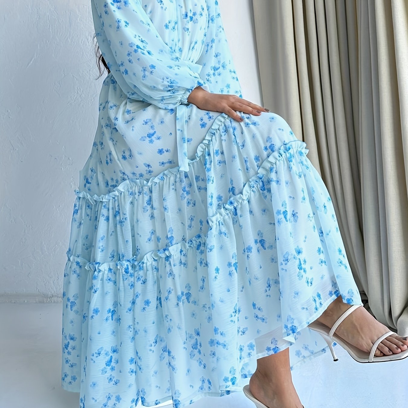 Stunning Floral Print Crew Neck A-Line Dress - Elegant Long Sleeve, Tiered Hem, Comfortable Fit, Versatile Occasion Wear - Womens Clothing for Everyday Elegance