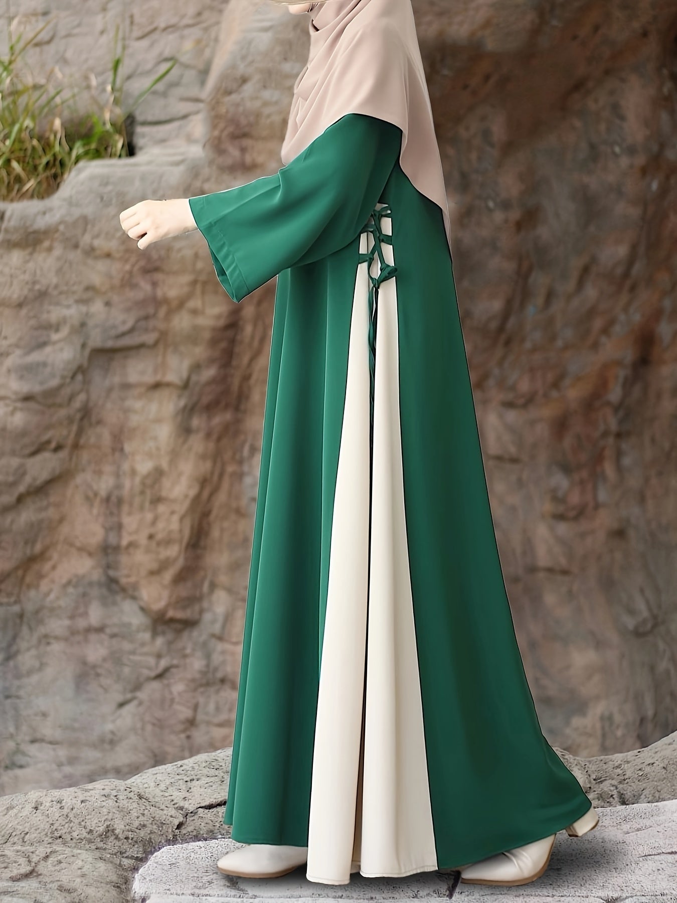 1pc Muslim Abaya Dress Long Sleeve Loose Fit A-Line with Black & White Color-Blocking & Orange Accents - Middle Eastern Elegance Adjustable Side Drawstring for Prayer, Casual, All-Season Wear (No Headscarf Included), Muslim D