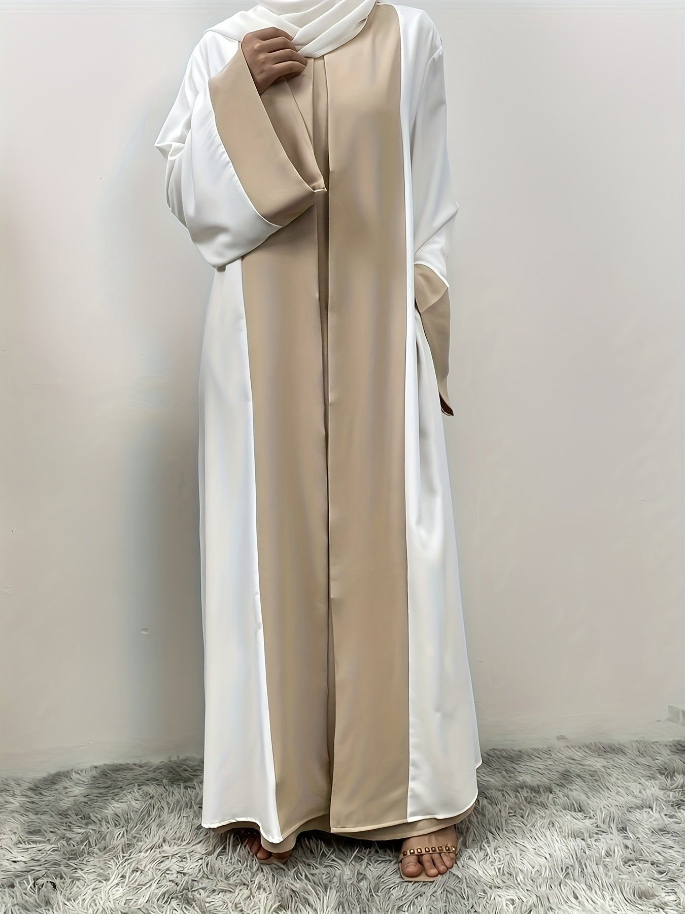 Elegant Abaya Faux Two Pieces Design, Solid Color, Long Sleeve, Kimono, Polyester, Woven, 160G/M², with Pocket, for Muslim, Spring/Fall