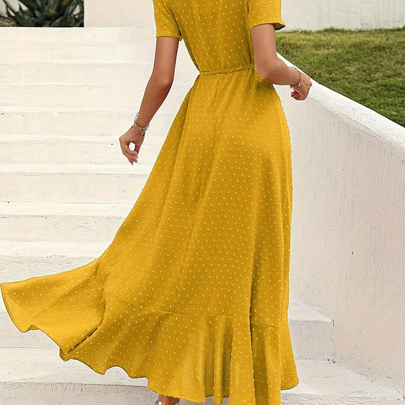 Elegant Women's Swiss Dot Surplice Neck Maxi Dress - D&M Boutique