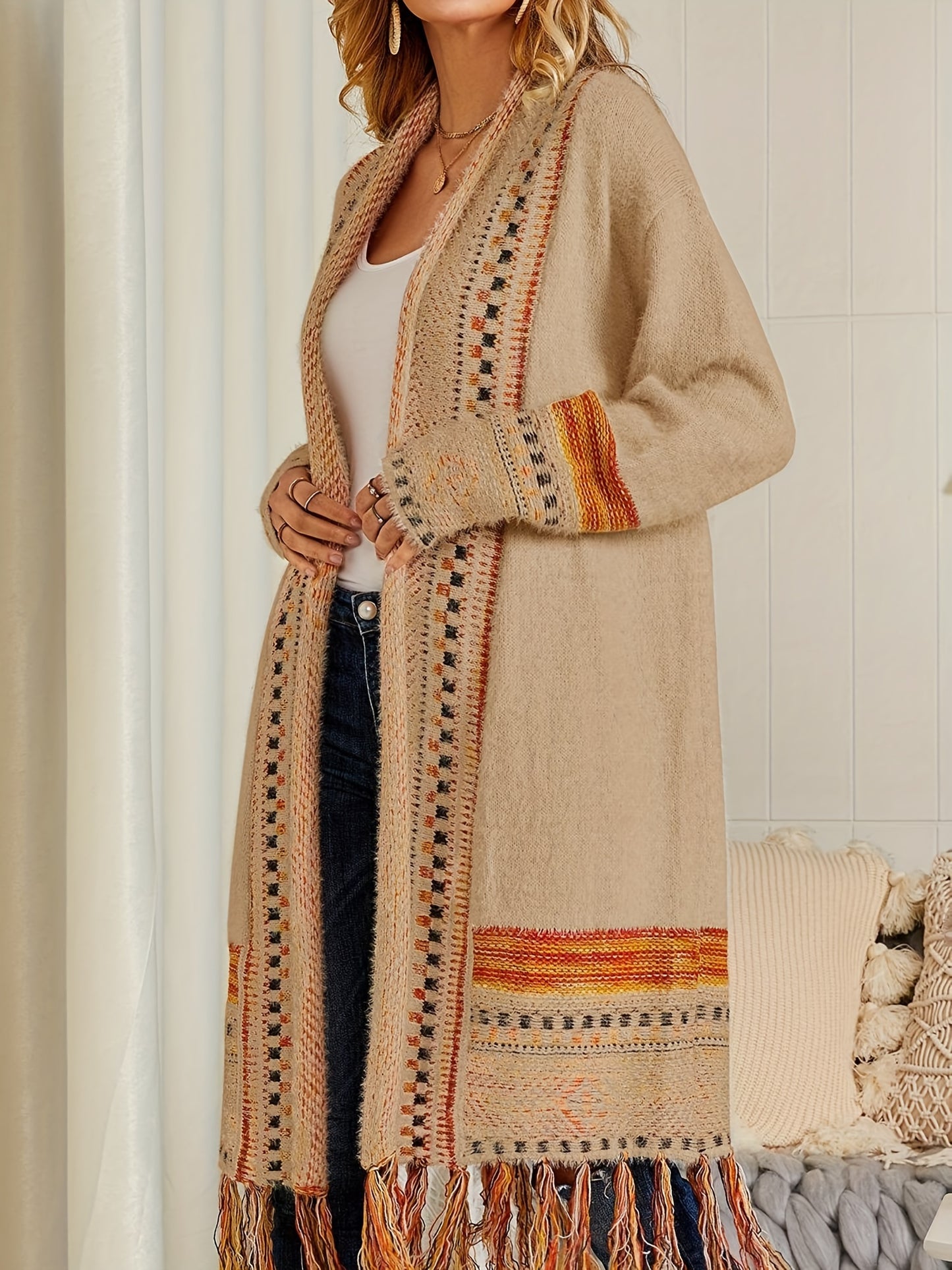 Women Boho Cardigan Sweater Long Open Front Maxi Knit Sweaters Aztec Tribal Tassel Fringe Thin Coat
