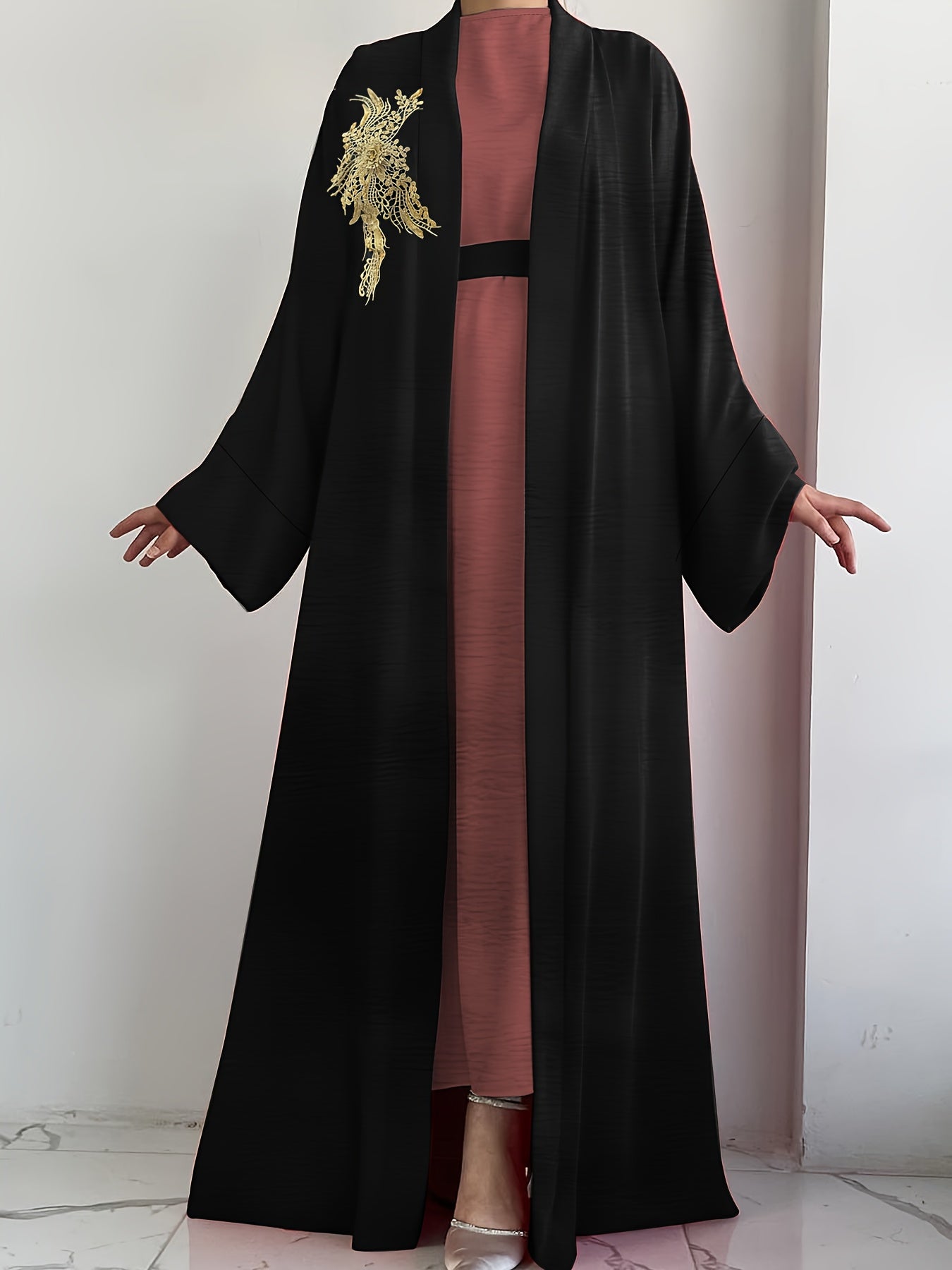 Women'S Casual And Comfortable Middle Eastern Muslim Style Simple Solid Color Sleeveless Long Dress + Simple Solid Color High-End Flower Middle Eastern Muslim Long Cardigan Jacket Two-Piece Set (Excluding Headscarf)