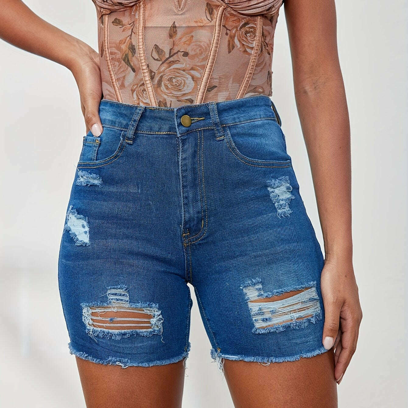 High Waist Distressed Denim Shorts – Frayed Hem Casual Hotpants