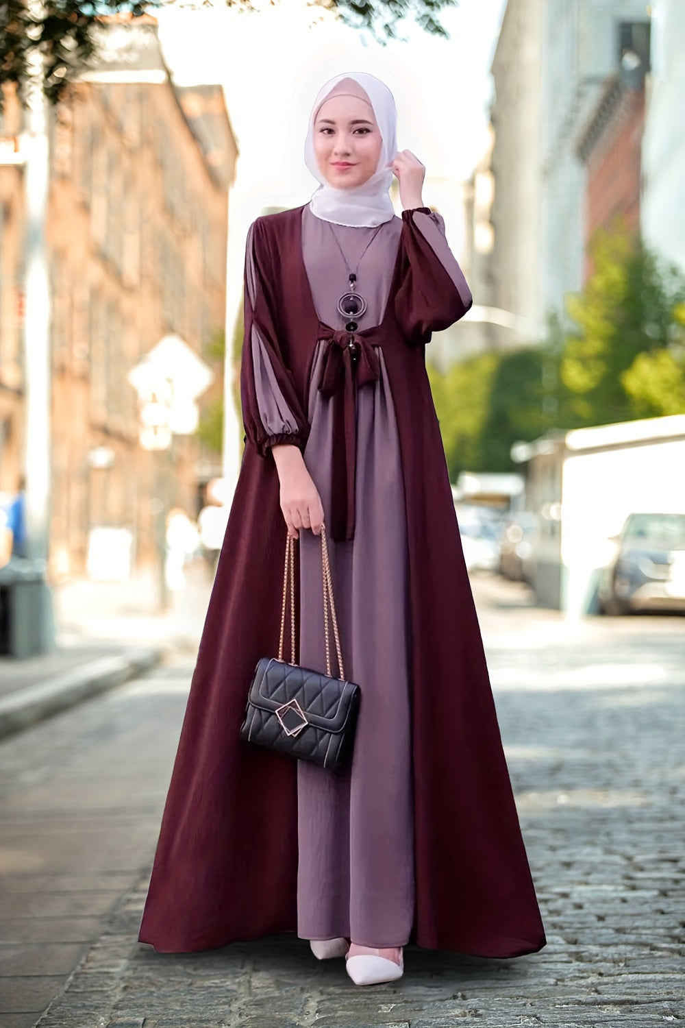 Ramadan Elegant Tie Front Kaftan Dress - Abayas with Long Sleeve, Maxi Length, Color Block Design, Women's Clothing for Special Occasions - Classic, Modest, and Chic Fashion
