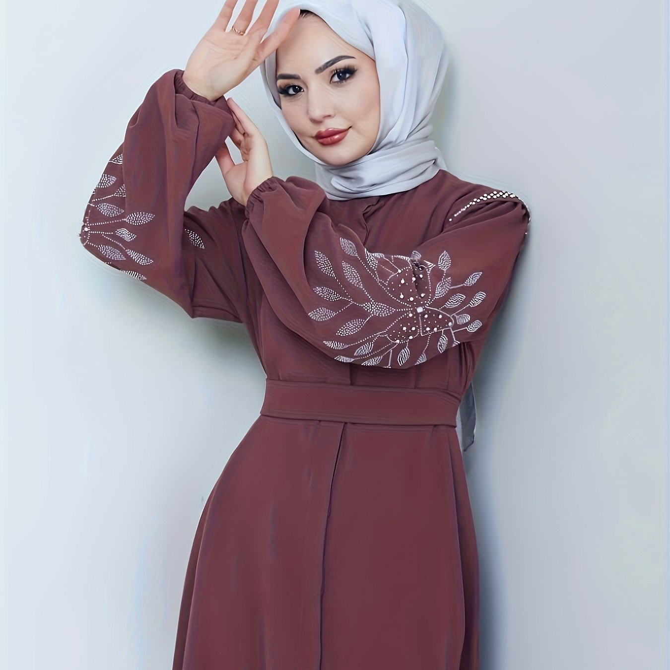 Elegant Black Abaya with Rhinestone Embellishments - Long Sleeve, Belted, All-Season Traditional Muslim Dress for Women, Islamic Fashion, Sophisticated Craftsmanship