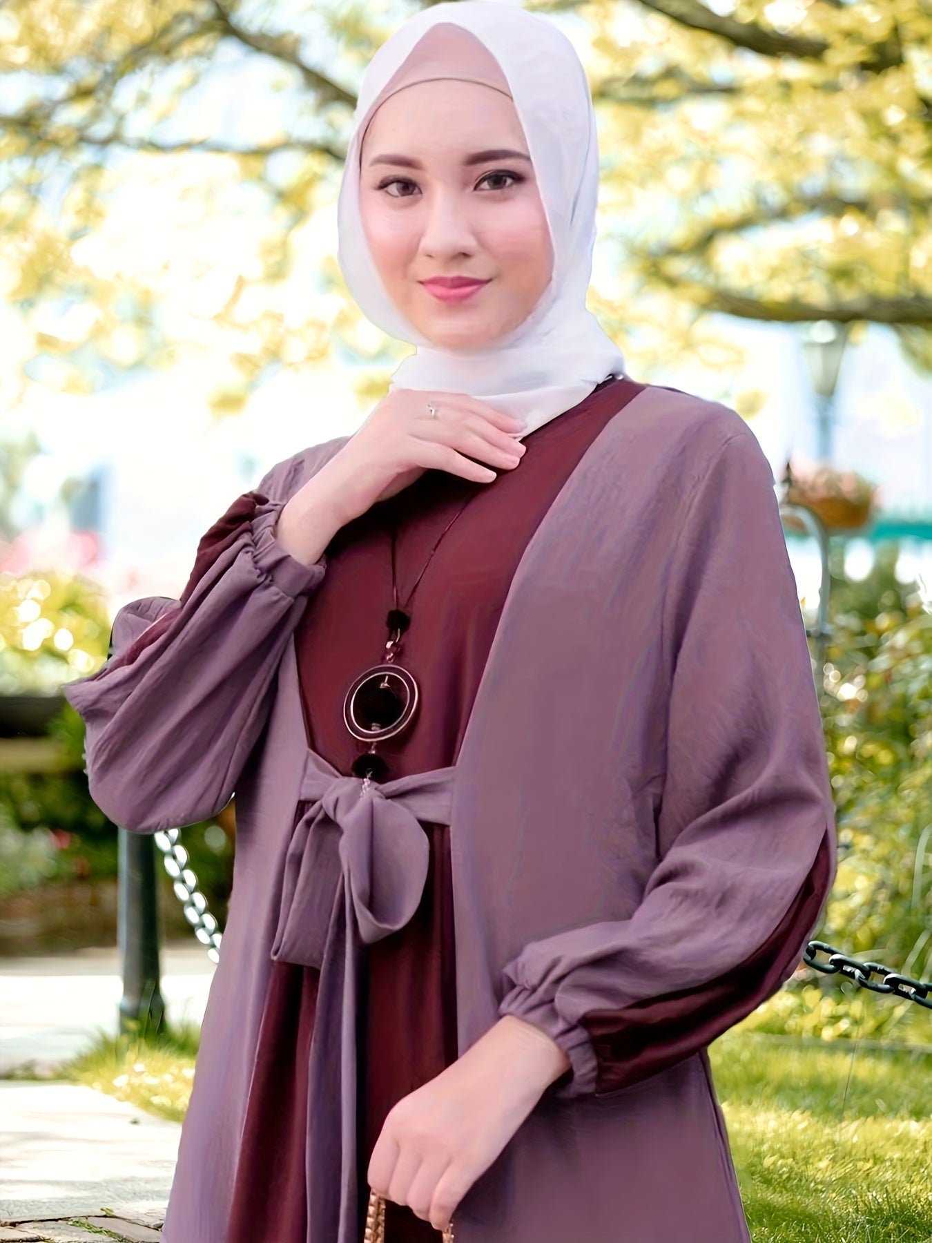 Ramadan Elegant Tie Front Kaftan Dress - Abayas with Long Sleeve, Maxi Length, Color Block Design, Women's Clothing for Special Occasions - Classic, Modest, and Chic Fashion