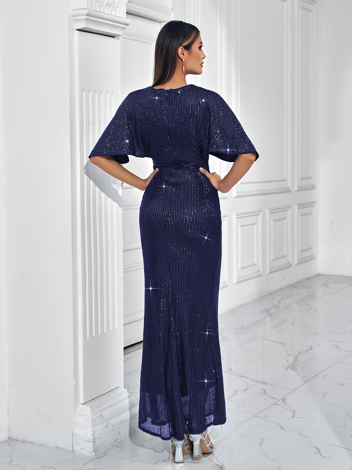 Sparkling V-neck Waist Cinched Dress