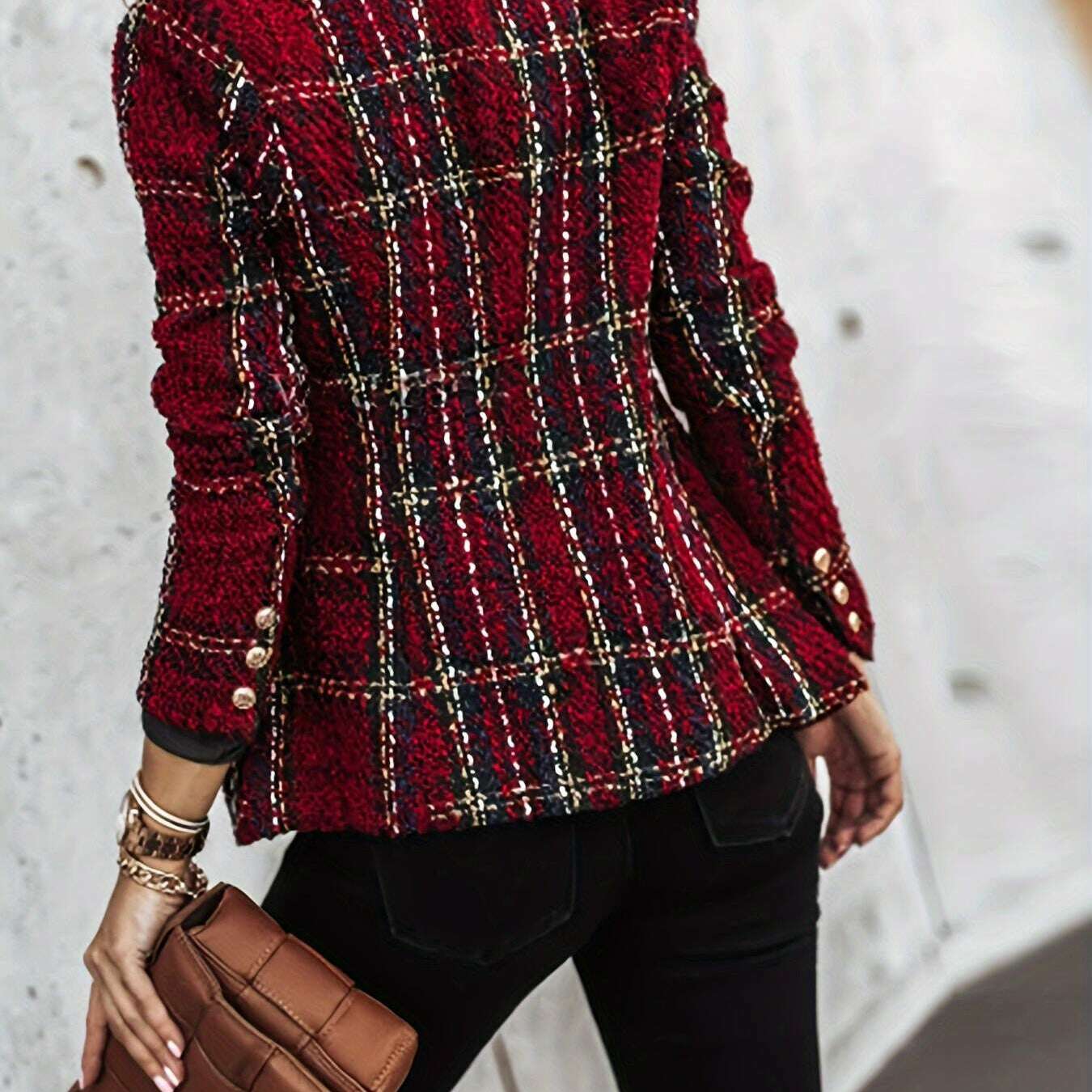 Elegant Plaid Tweed Double-Breasted Blazer for Women