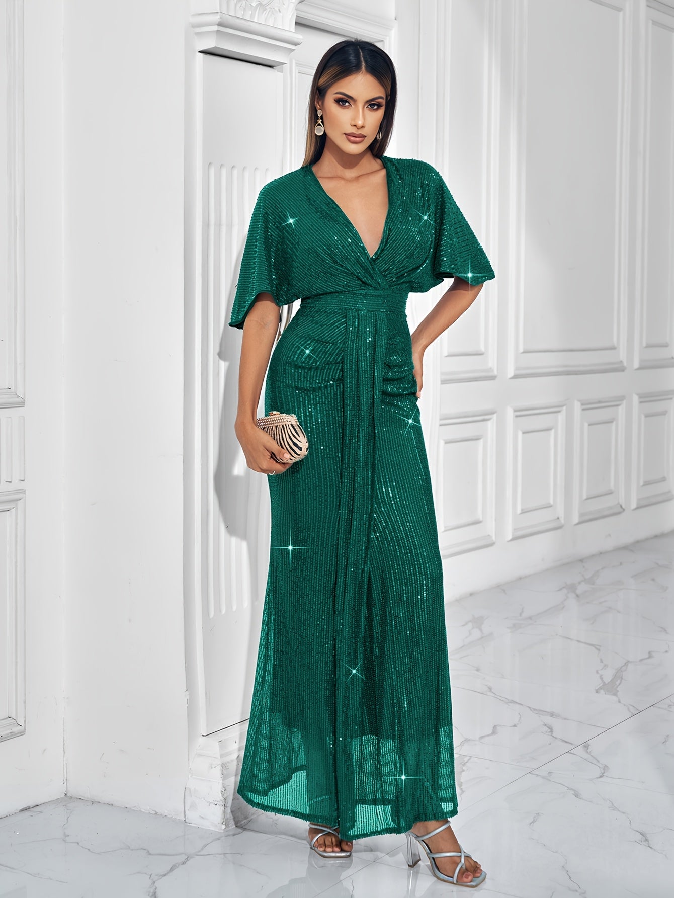 Sparkling V-neck Waist Cinched Dress