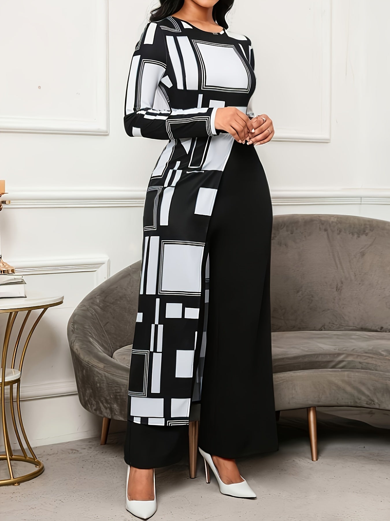Women's Black & White geometric Print Jumpsuit - Oversized Top & Wide-Leg Pants, Machine Washable Formal & Everyday Outfit for Parties, Office, Casual Events - Chic Pantsuit, Party Wear, Comfortable Fit, Flowy Fabric