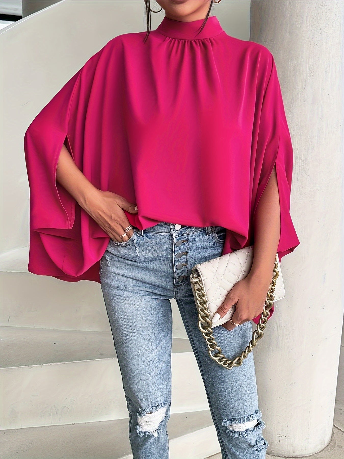 Women's Oversize Smock Neck Knot Back Batwing Sleeve Blouse Shirt Top