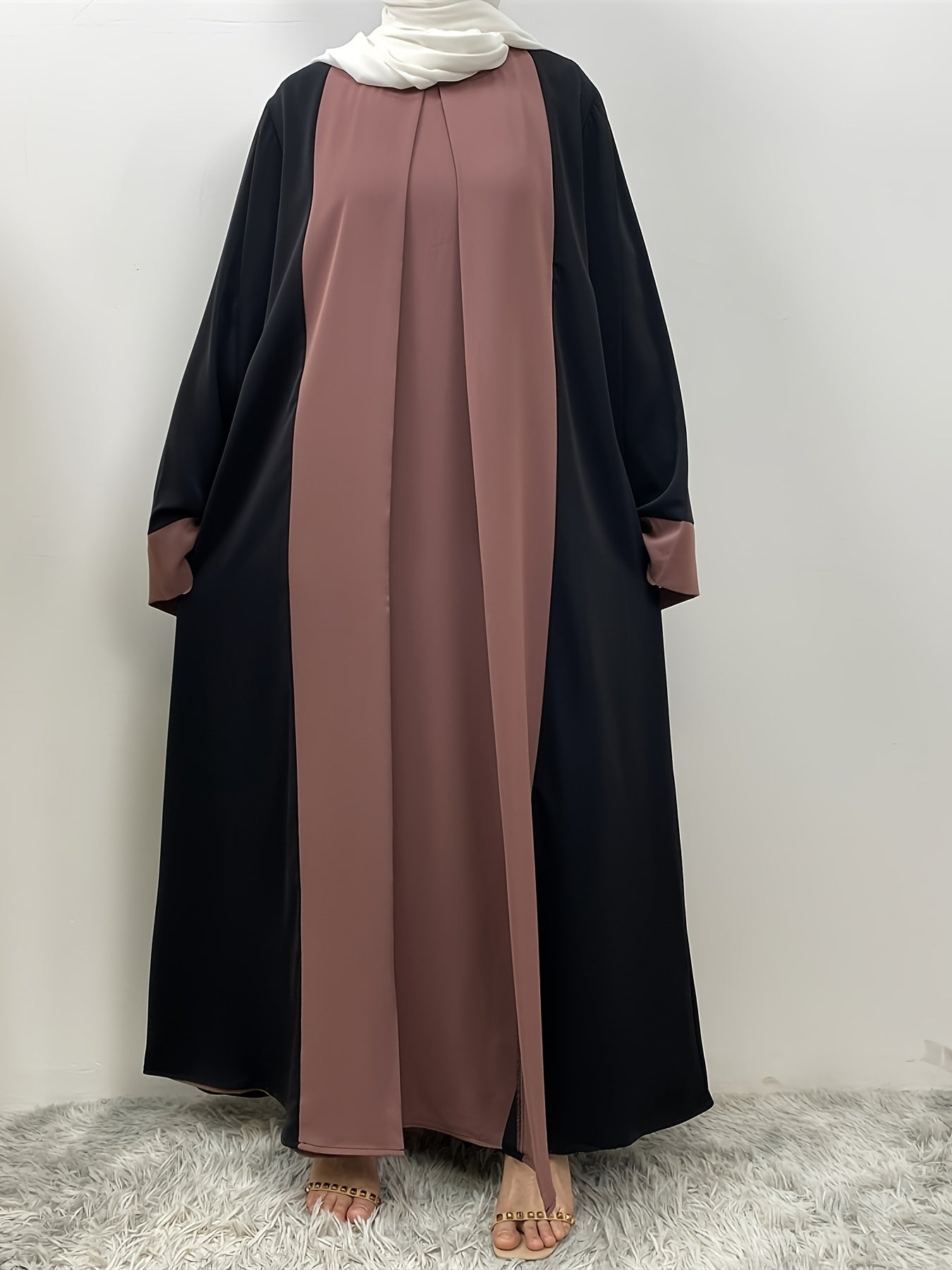 Elegant Abaya Faux Two Pieces Design, Solid Color, Long Sleeve, Kimono, Polyester, Woven, 160G/M², with Pocket, for Muslim, Spring/Fall