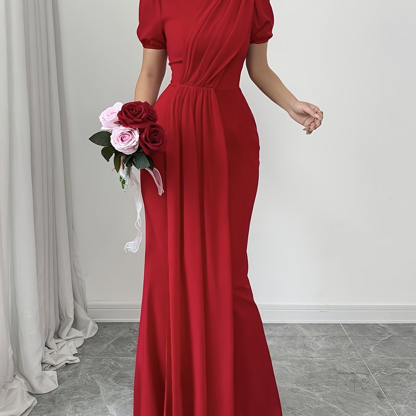 Elegant Red Midi Dress for Women - High Neck, Short Sleeves, Ruched Waist, Flowing Skirt, Perfect for Weddings or Formal Events, Polyester Blend, Machine Washable, Formal Event Attire|Ruched Waist Dress|Polyester Blend Dress