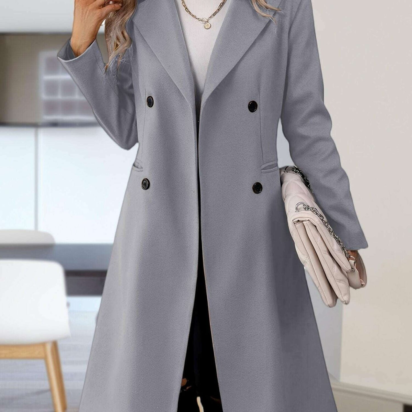 Women's Long Double-Breasted Pea Coat with Lapel Collar