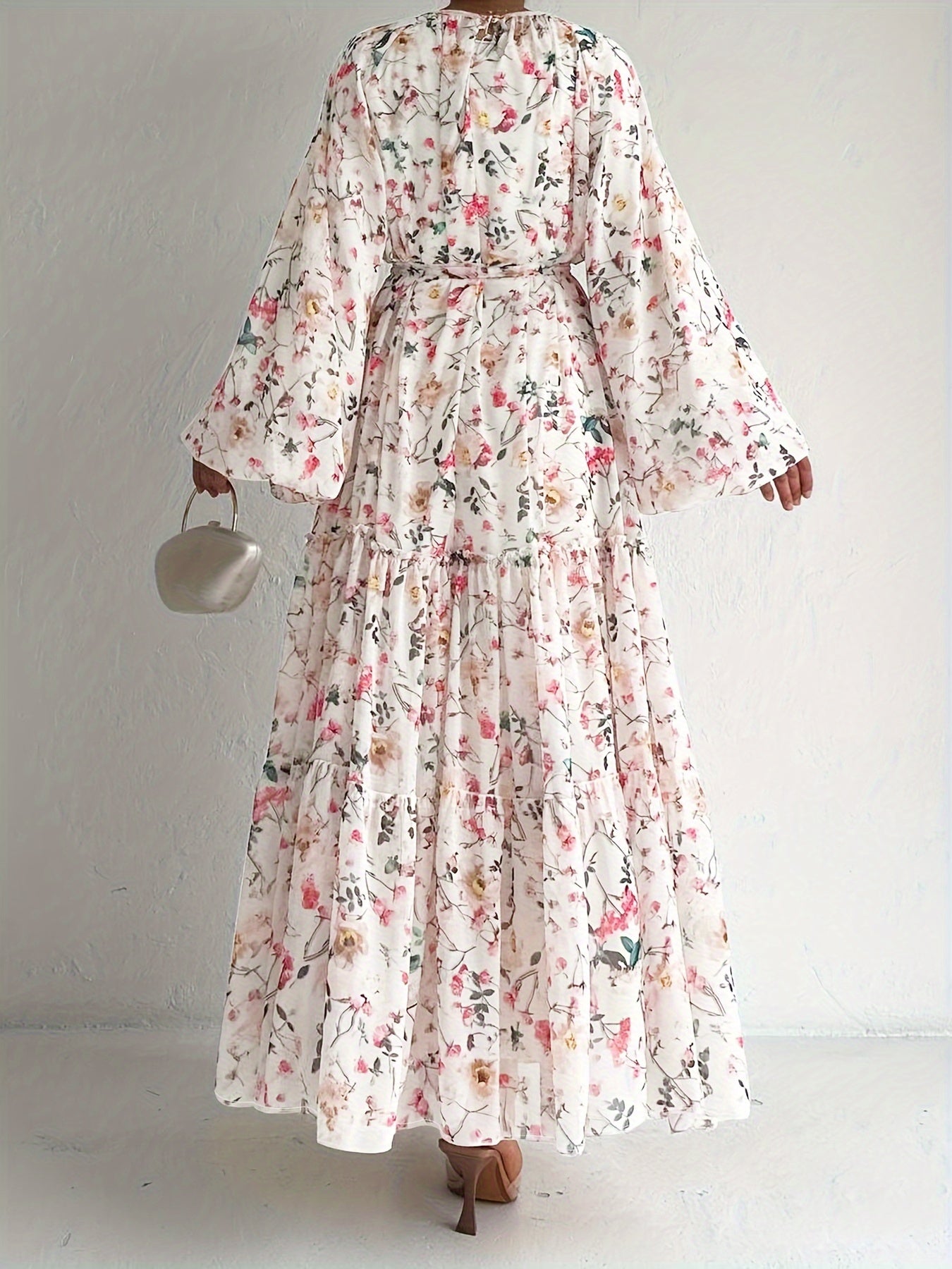 Women’s Floral Maxi Kaftan Dress – Long Sleeve, Crew Neck, Versatile