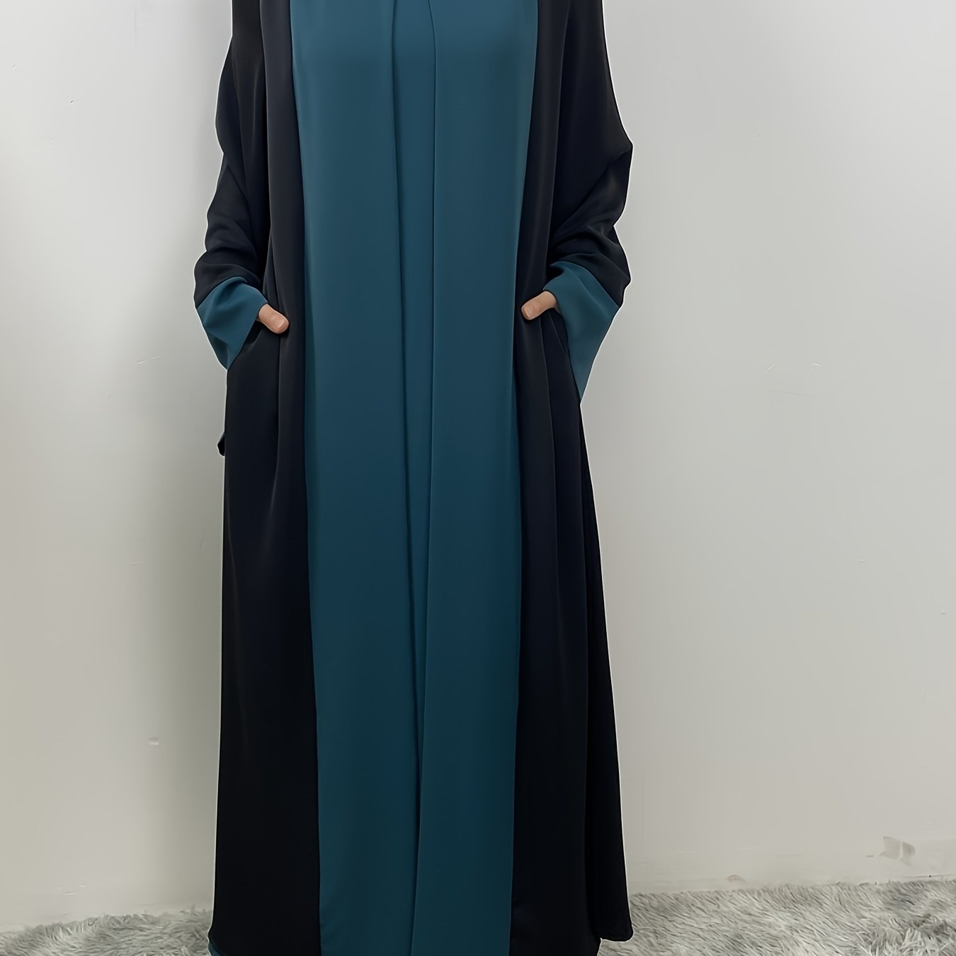 Elegant Abaya Faux Two Pieces Design, Solid Color, Long Sleeve, Kimono, Polyester, Woven, 160G/M², with Pocket, for Muslim, Spring/Fall