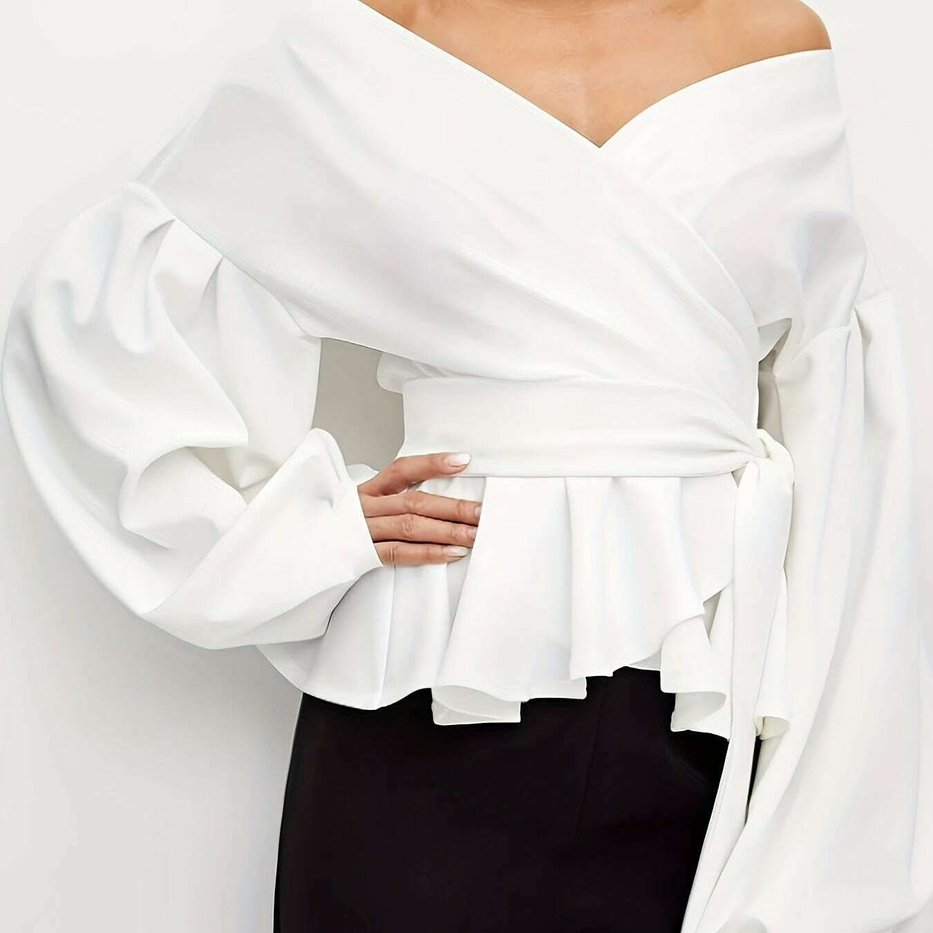 Elegant Off-Shoulder Blouse with Lantern Sleeves & Ruffle Hem
