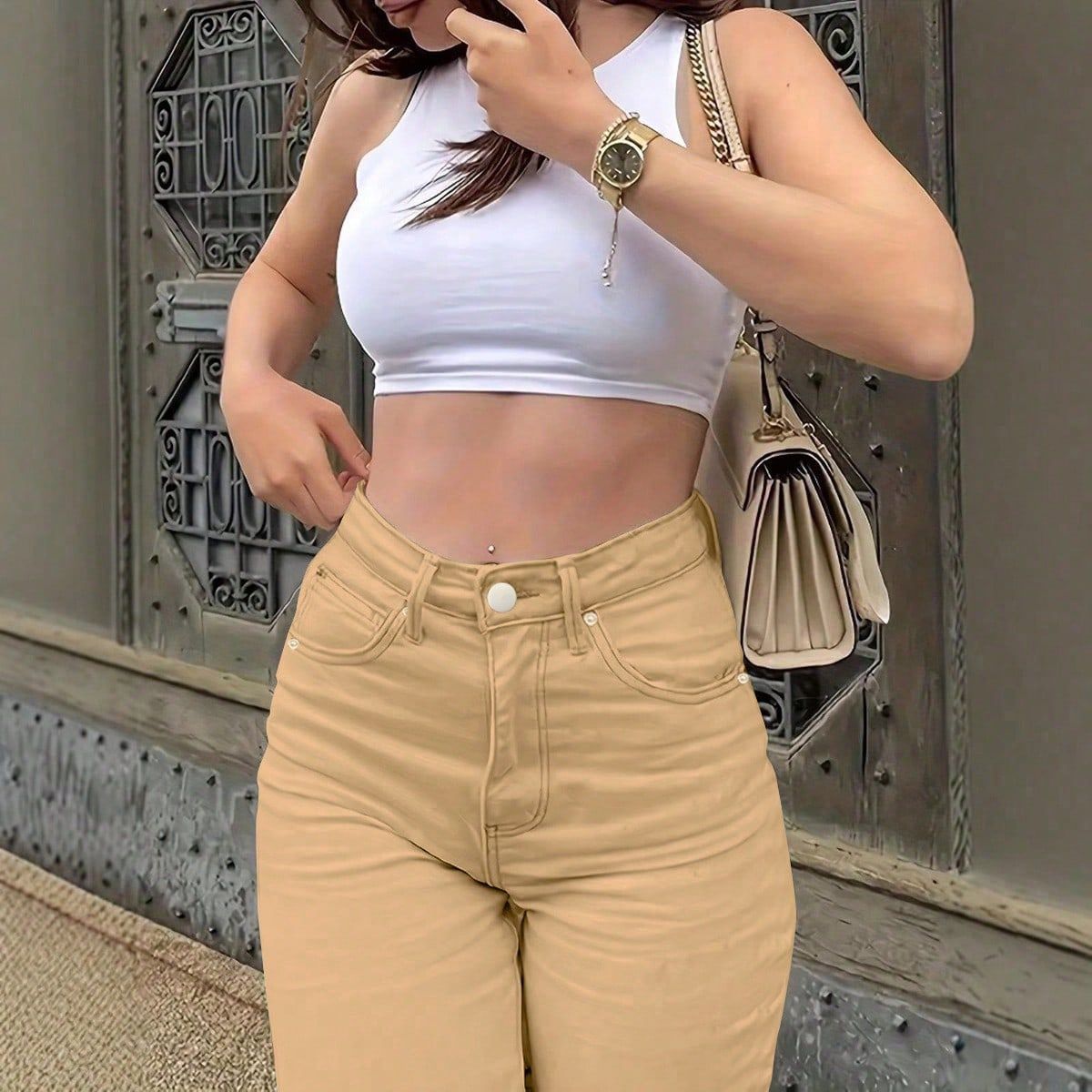 Women'S High-Waisted Straight-Leg Jeans - Stretch Denim with Pockets, Beige, Casual & Workplace Style, Mid-Rise, Flared Design, Perfect for Spring Commuting, High Waisted Jeans