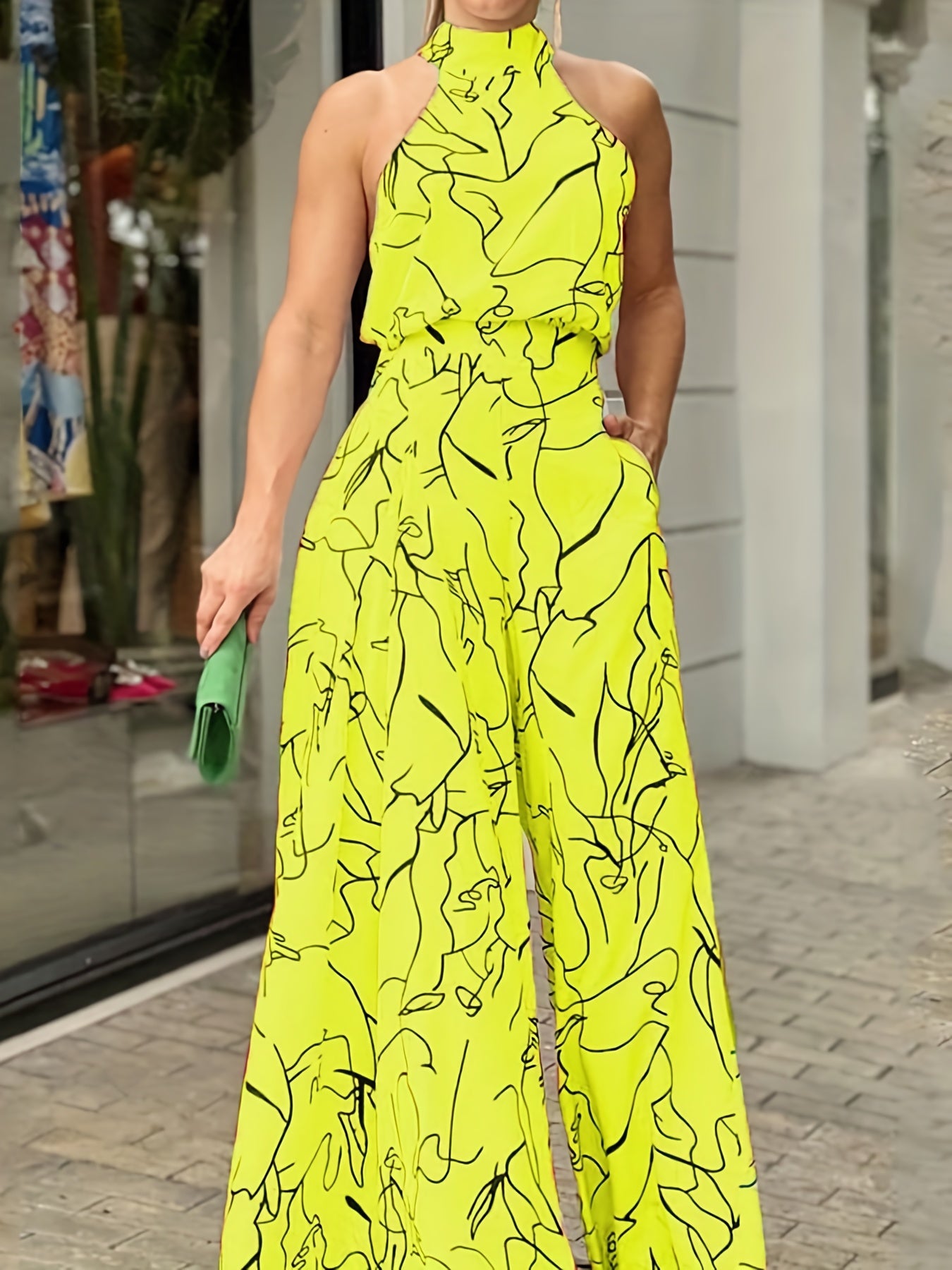 Women'S Elegant Wide Leg Pants Jumpsuit Fashion Print Sleeveless Tie Halter Romper with Pockets