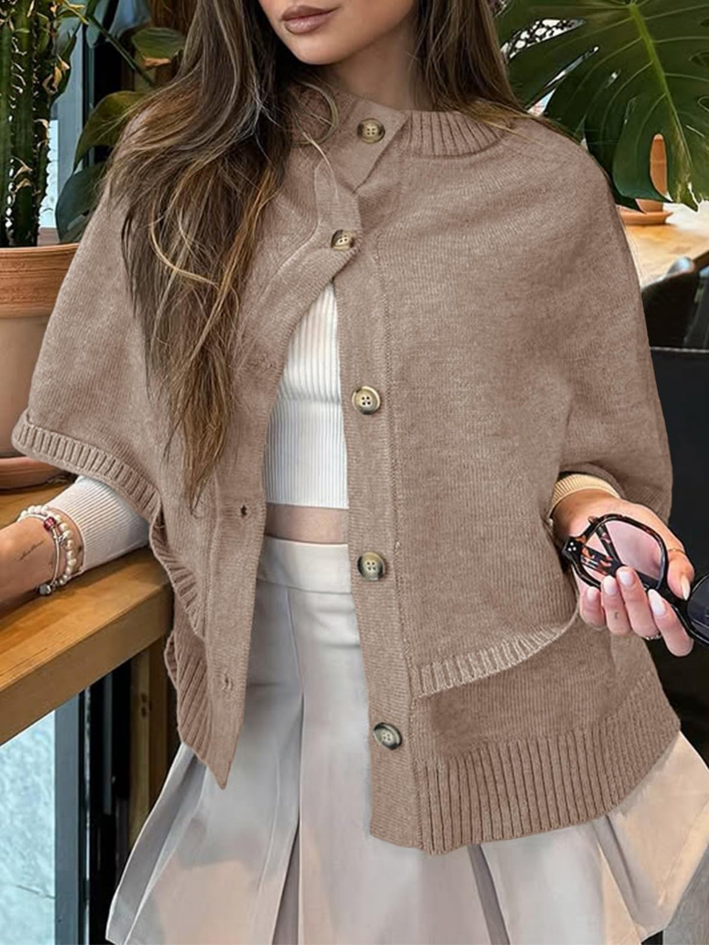 Women's Elegant Soft Pink Oversized Cape Cardigan - Fall Winter Sweater Coat with Button Front Closure, Long Sleeve Crew Neck & H-Line Silhouette, Medium Stretch for Casual to Formal Outfits