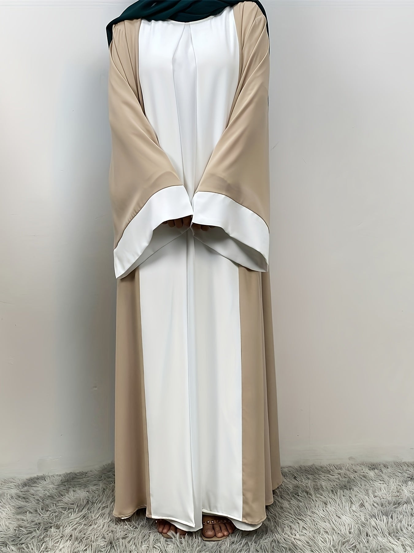 Elegant Abaya Faux Two Pieces Design, Solid Color, Long Sleeve, Kimono, Polyester, Woven, 160G/M², with Pocket, for Muslim, Spring/Fall