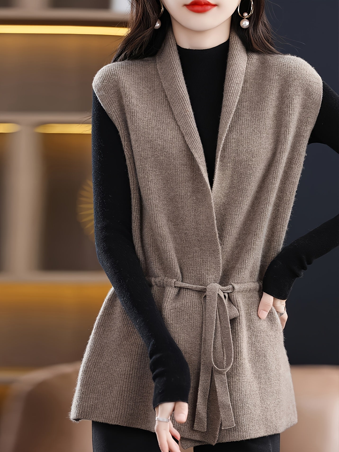 Women's Casual V-Neck Cardigan – Longline Open Front Vest with Adjustable Drawstring