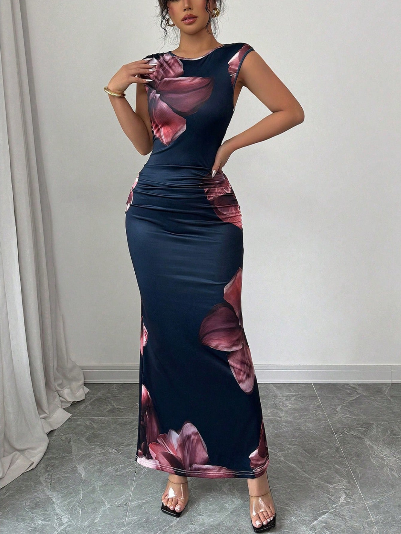 Women's Slim Fit Sleeveless Bodycon Dress - Dark Navy Blue Floral Print A-Line Mid-Length Dress, Machine Washable Elegant Party & Travel Dress for Spring Summer Fall, Tight Fitted Dress, Sophisticated Craftsmanship, Street St
