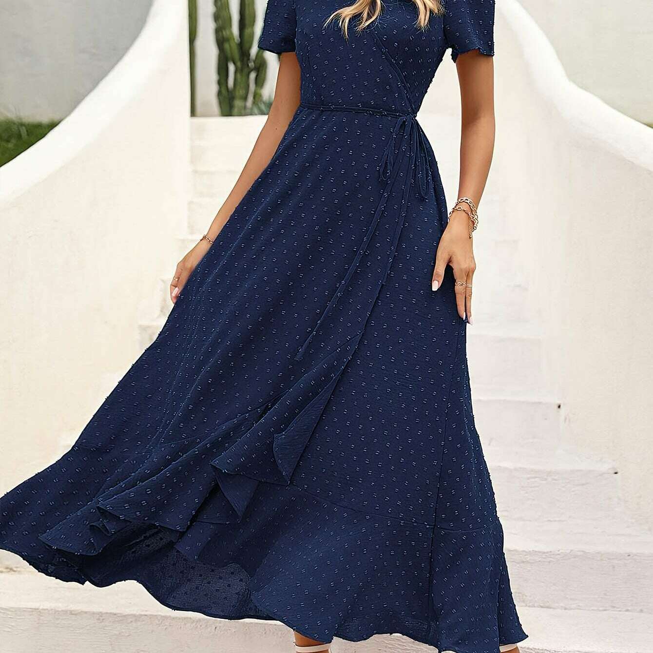 Elegant Women's Swiss Dot Surplice Neck Maxi Dress - D&M Boutique