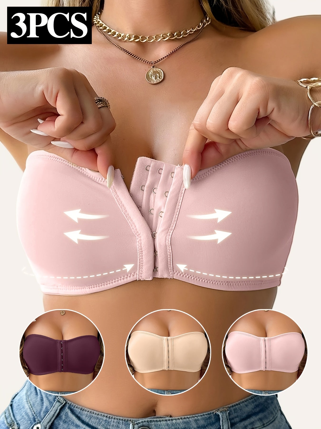 3pcs, Spring and Summer Style, Strapless, No Underwire, Front Closure, Removable Pads, Soft, Breathable, Comfortable, Anti-Displacement