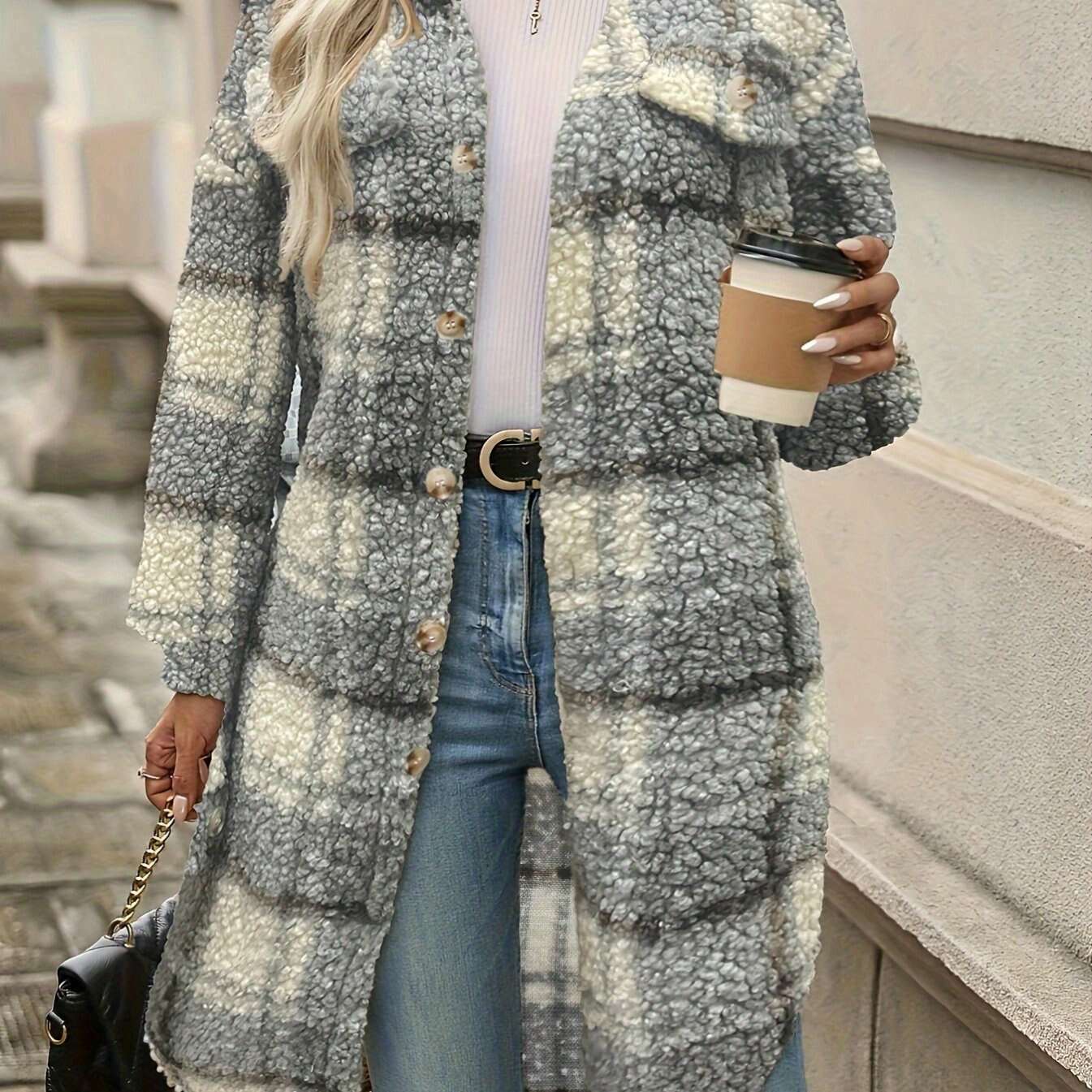 Elegant Plaid Faux Fur Coat for Women with Lapel Collar