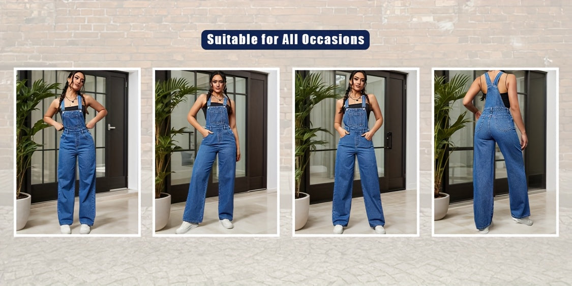 Women's Denim Overalls Jumpsuit - Loose Fit Long Romper with Pocket & Side Pockets, Adjustable Shoulder Straps & Belt Loop Waist, Sleeveless Solid Color Casual Chic Outfit for All Seasons, Versatile Clothing, Secure Button Cl