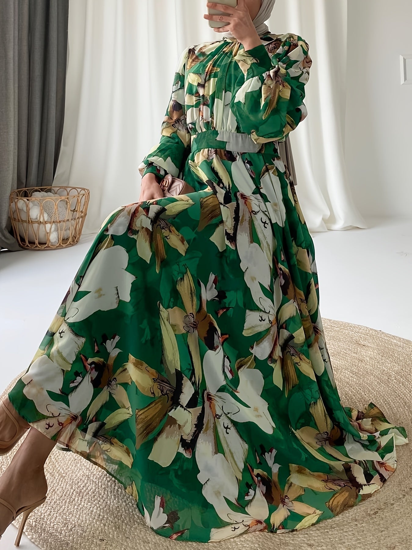 Elegant Chiffon Maxi Dress for Women - Color Block, Long Sleeve with Button Detail, Machine Washable - Perfect for Ramadan & All Seasons