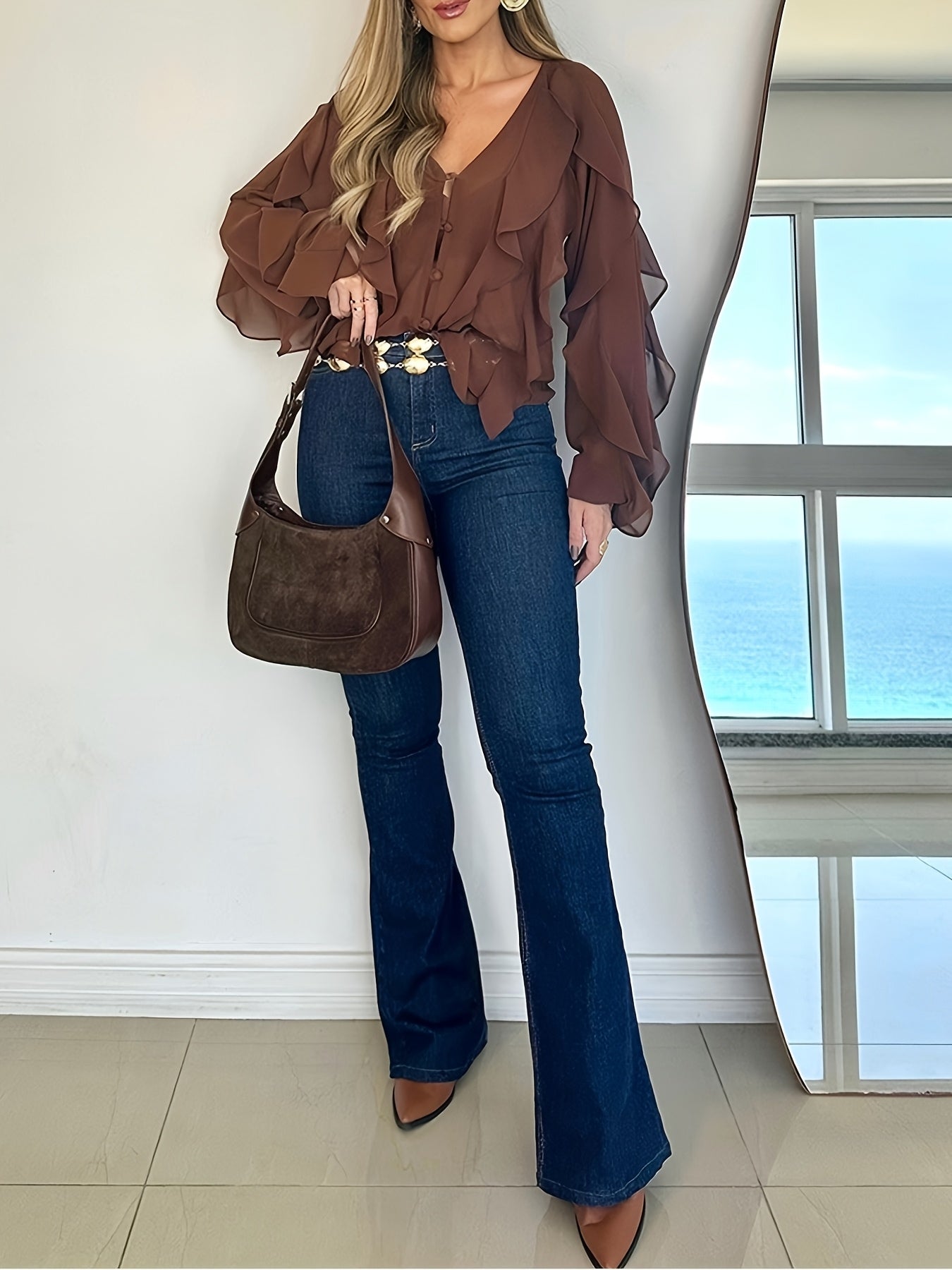 Women's Elegant V-Neck Blouse with Asymmetrical Shoulder Ruffles - Slim Fit Long Sleeve Top, Solid Color Casual Chic Shirt for Spring/Fall, Hand Wash Only, Spring Fall Attire, Ruffle Detail Top, Sophisticated Texture, Fall Wa