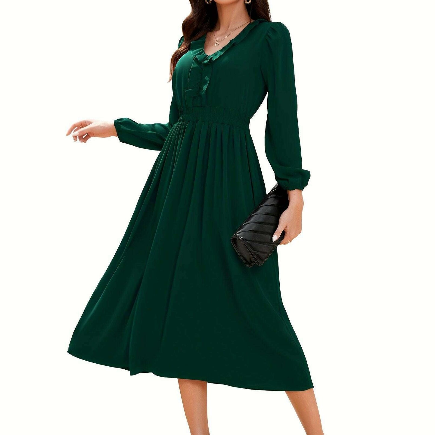 Long Sleeve Elegant Party Dress with Pleats & Ruffles - D&M Boutique