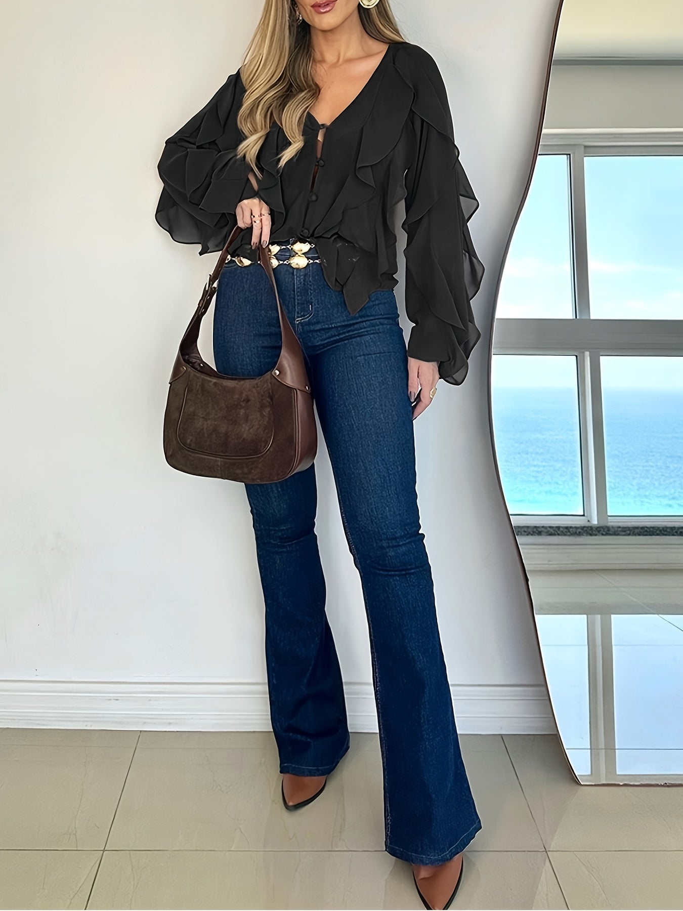 Women's Elegant V-Neck Blouse with Asymmetrical Shoulder Ruffles - Slim Fit Long Sleeve Top, Solid Color Casual Chic Shirt for Spring/Fall, Hand Wash Only, Spring Fall Attire, Ruffle Detail Top, Sophisticated Texture, Fall Wa