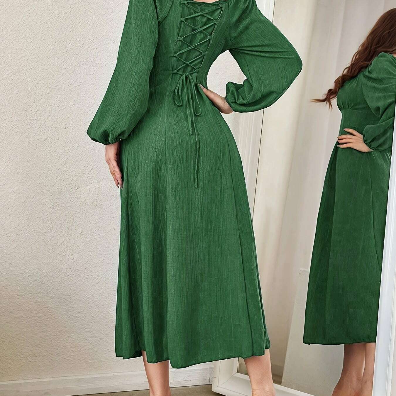 Textured Cross Tie Lantern Sleeve Dress – Elegant & Romantic