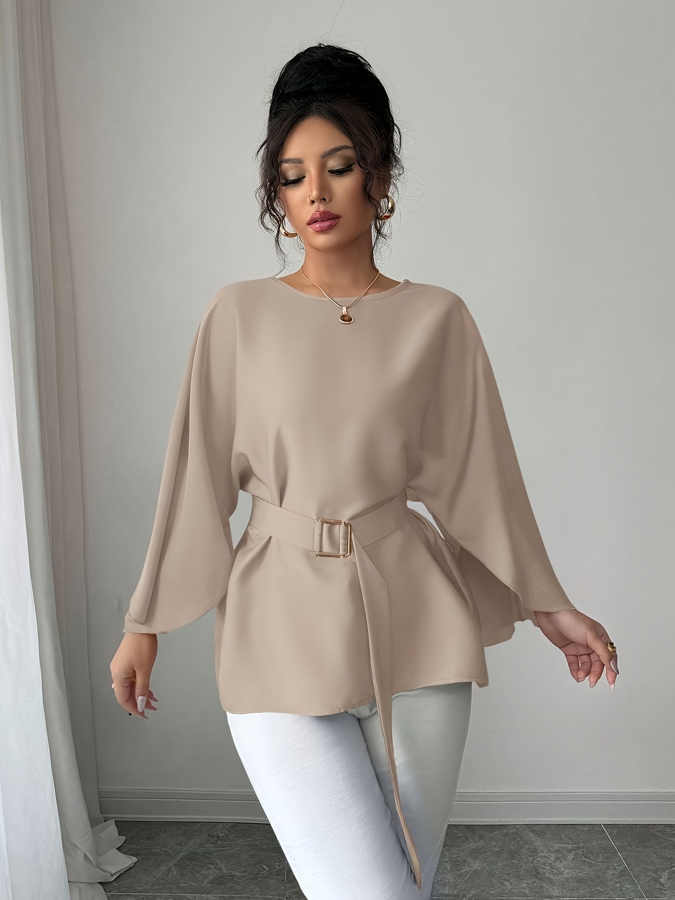 Red Women's French Blouse - Elegant Batwing Sleeves, Belted Waist, Non-See-Through Fabric for Formal & Everyday Outfits - Spring/Autumn Blouse, Lightweight Material, Smooth Texture Top, Round Neck Design, Casual Chic Top, Pro