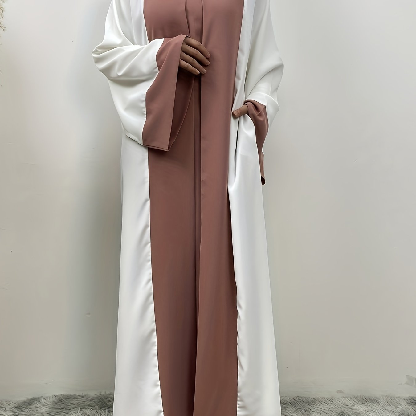 Elegant Abaya Faux Two Pieces Design, Solid Color, Long Sleeve, Kimono, Polyester, Woven, 160G/M², with Pocket, for Muslim, Spring/Fall
